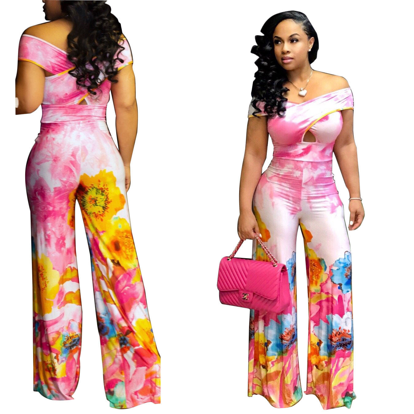 Floral Gradient Print Off-the-Shoulder Flared Pant Hollow-Out  Women's Jumpsuit