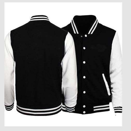 Men's Black White Striped Varsity Baseball Button-Up Bomber Jacket