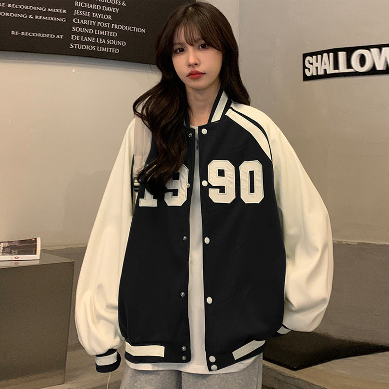 "1990" Printed Hip-Hop Colorblock Button-Up Women's Varsity Bomber Jacket
