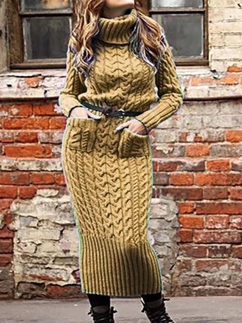 Weaved Turtleneck Double Pocket Design Knitted Long Sleeve Maxi Sweater Dress to 3X Plus Size