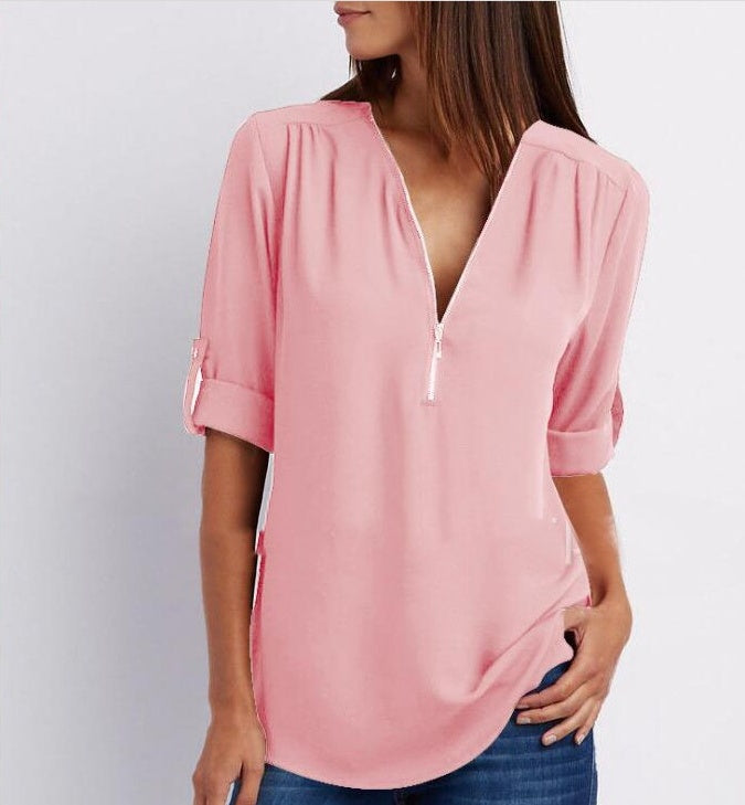 Solid Color V-Neck Short Sleeve Women's Zipper Shirt to 5X Plus Size