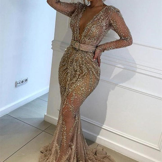 Gold Sparkling Glitter Sequined Deep Plunge V-Neck Long Sleeve Floor-Length Formal Big Swing Maxi Party/Prom Dress