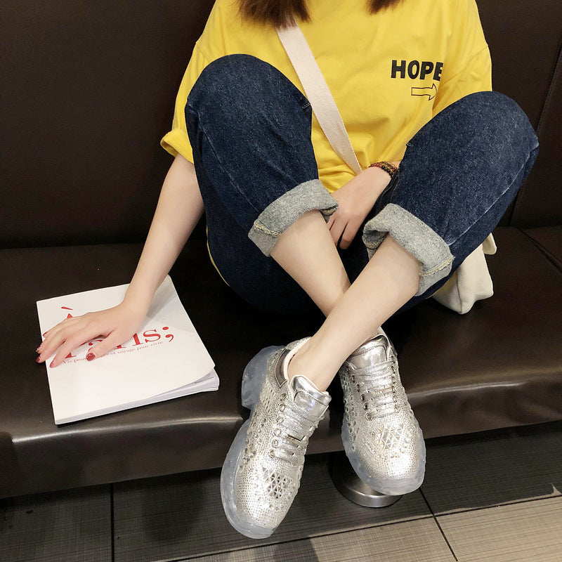 Silver Metallic Rhinestone Vulcanized Women's Sneakers