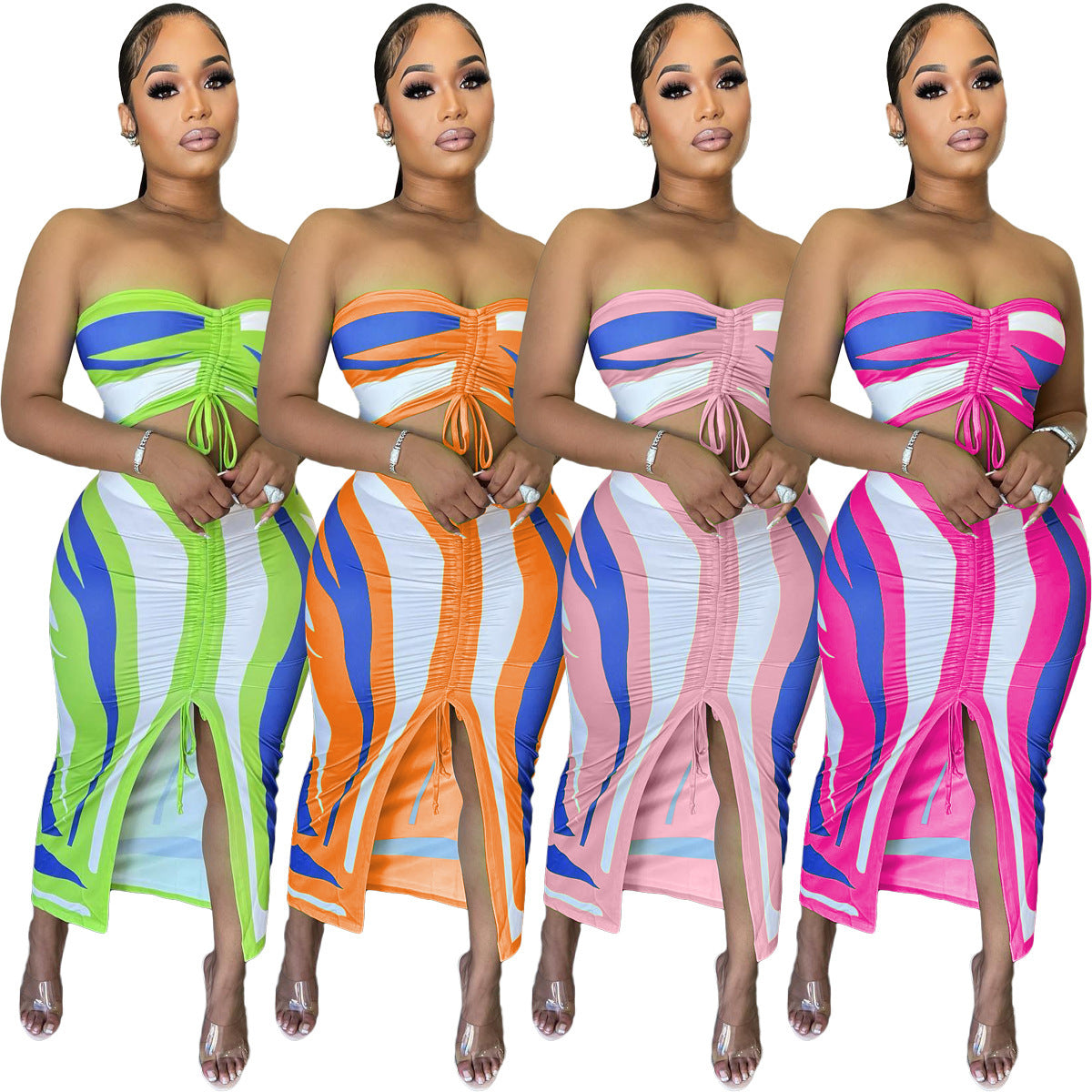 Striped Colorblock Print Sleeveless Tube Bra + High Slit Maxi Skirt 2-Piece Set