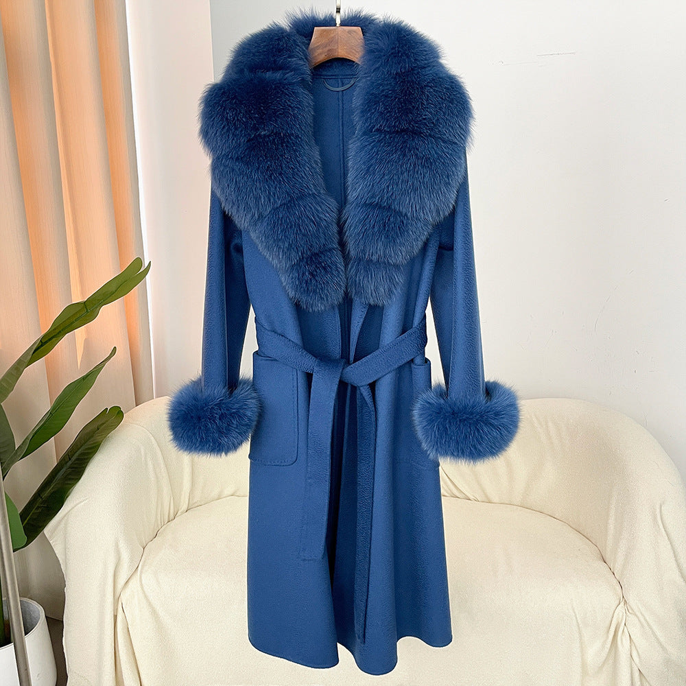 Oversized Fur Collar Double Sided Water Ripple Wool Women's Trenchcoat