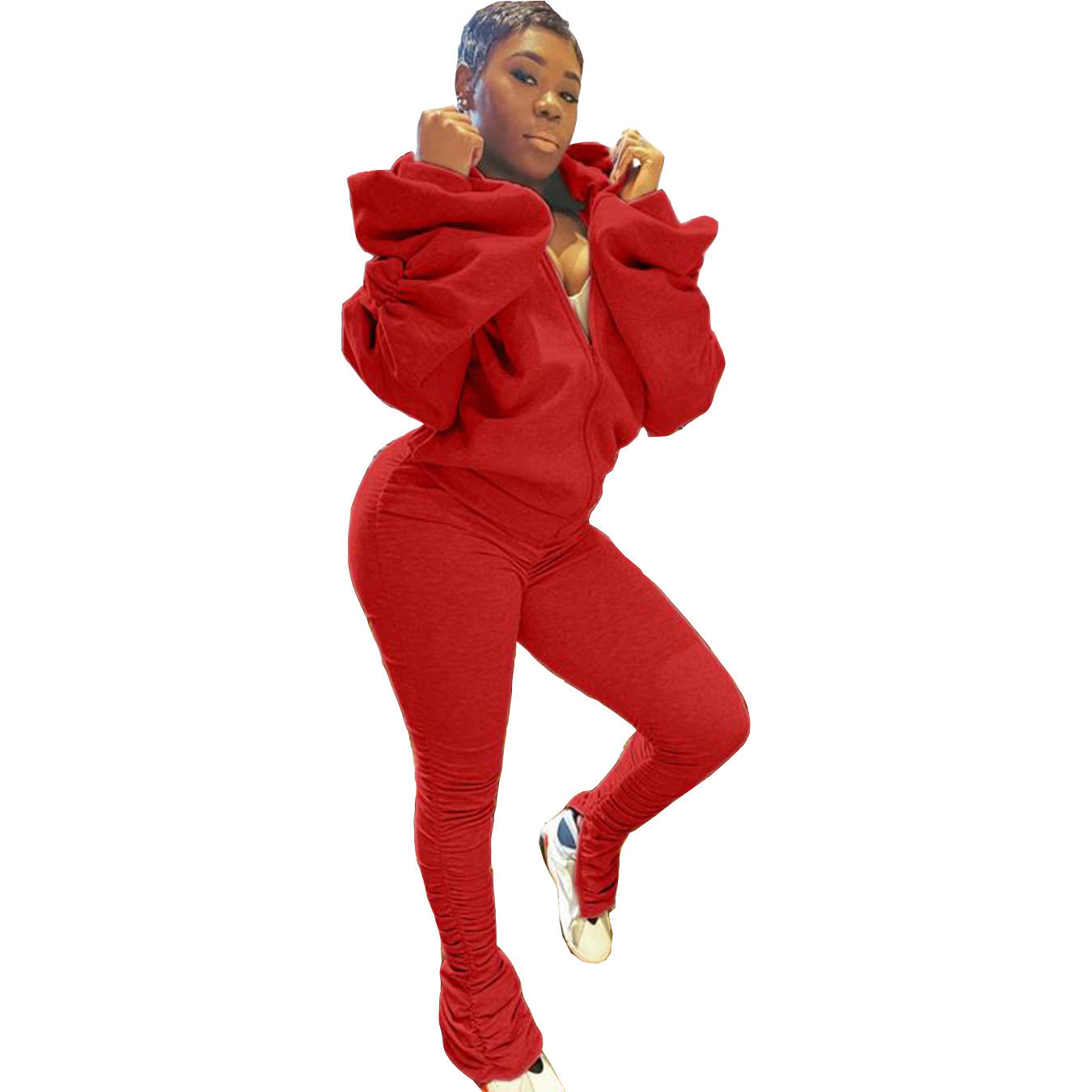 Ruched Balloon Sleeve Women's Sportswear Long Sleeve Zipper Jacket + Stacked Leggings Tracksuit to 3X Plus Size