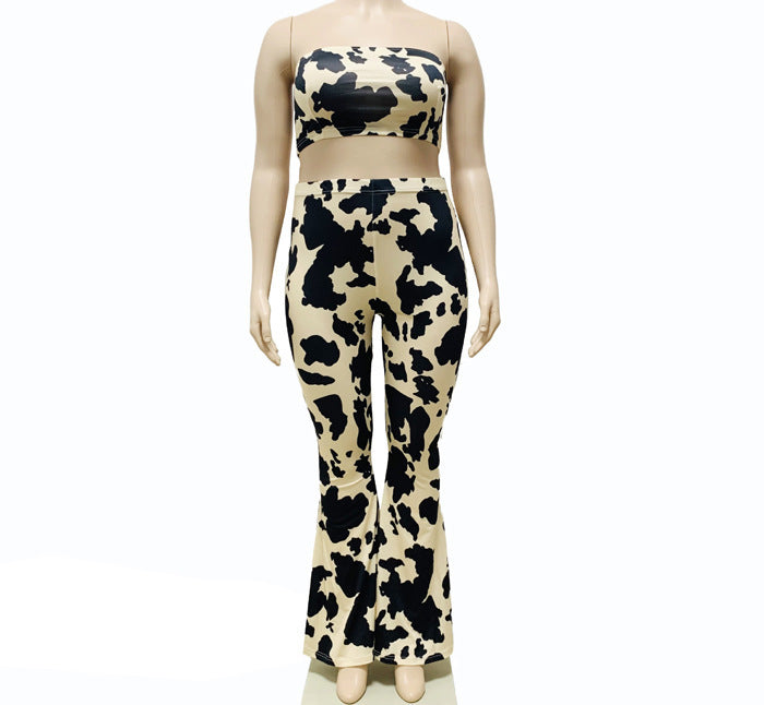 Black/Off-White Cowhide Pattern Sleeveless Tube Top + Flared Leggings 2-Piece Set to 5X Plus Size