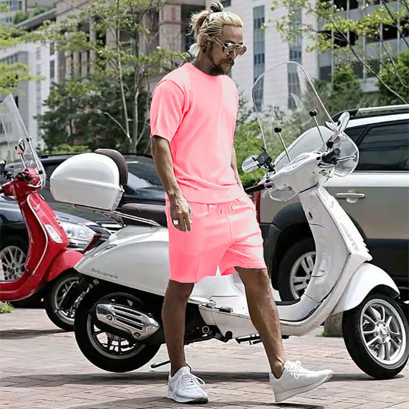 Men's Solid Color T-Shirt + Shorts 2-Piece Casual Sports Set