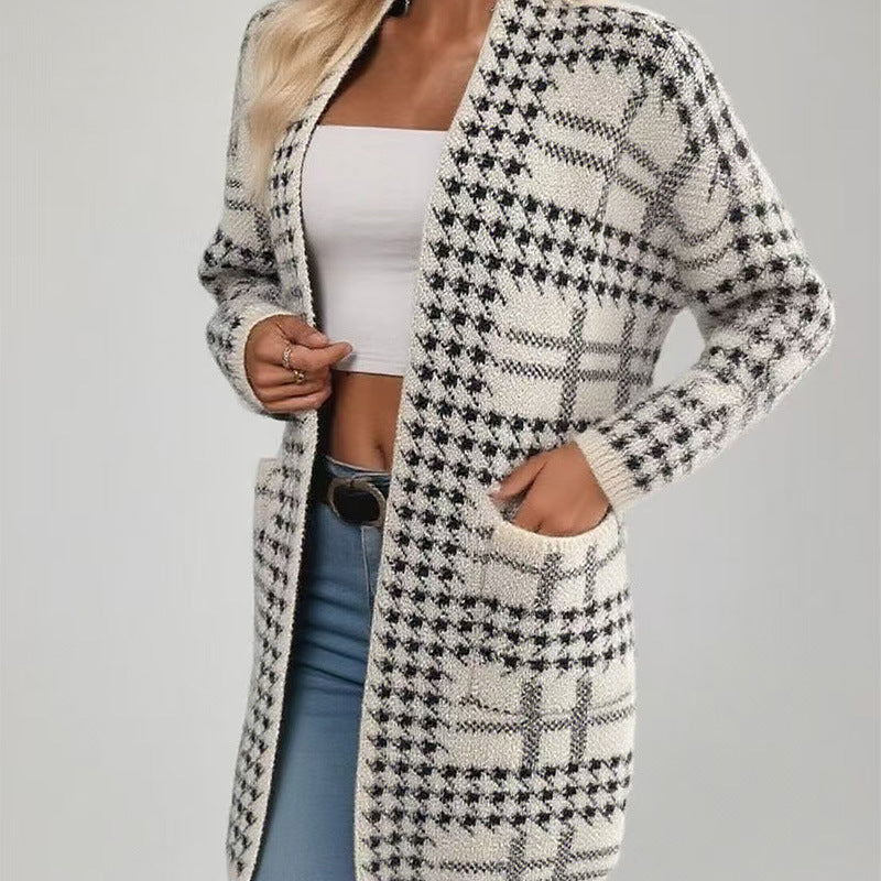 Plaid Houndstooth Print Knitted Pocketed Women's Long Sleeve Maxi Sweater