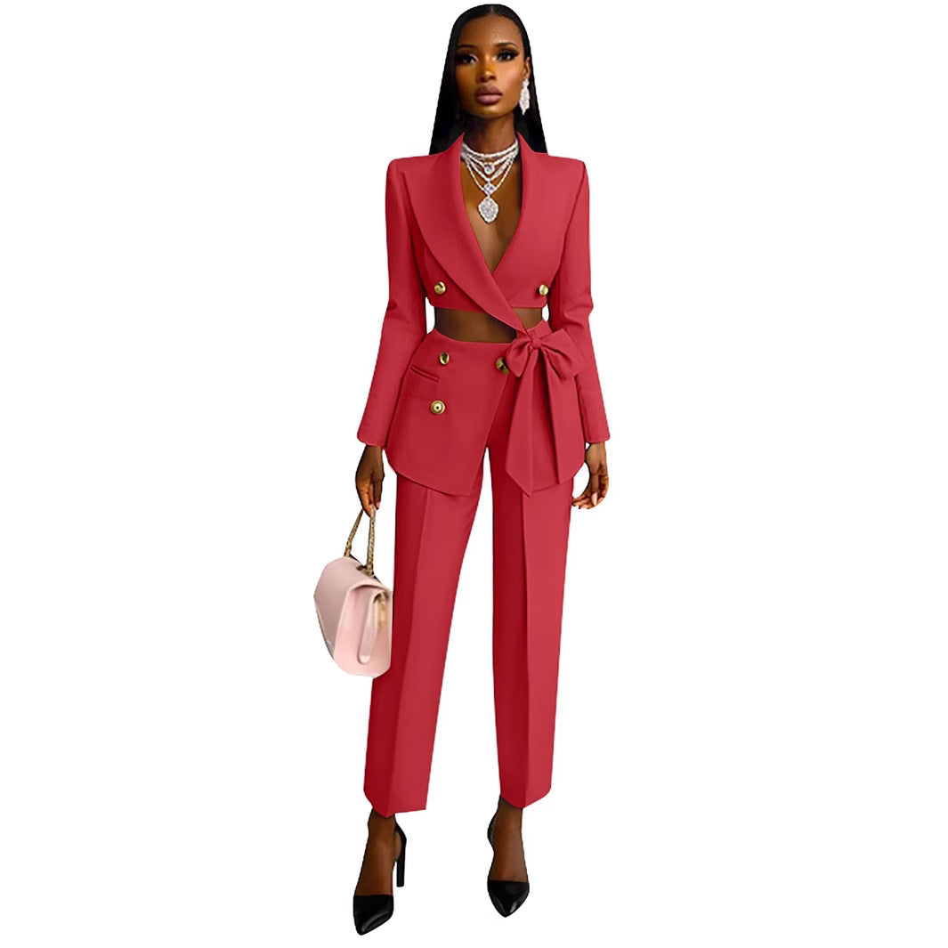 Cropped Hollow-Out Design Women's Sash Belted Blazer Jacket + Irregular Pants Suit