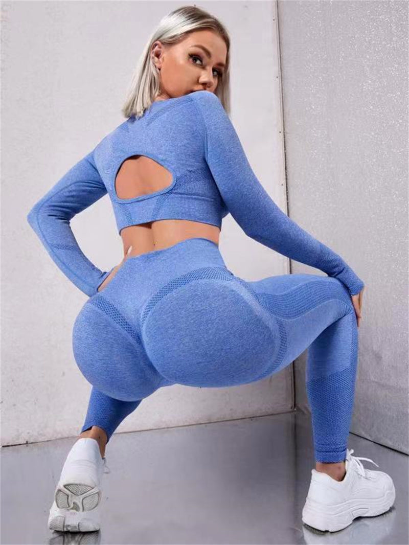 Solid Color Long Sleeve Hollow-Out Fitness Top + Butt Lifting High Waist Seamless Gym Workout Leggings Tracksuit
