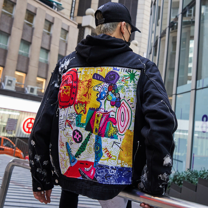 Men's Painted Back Abstract Art Portrait Print Loose Jean Jacket