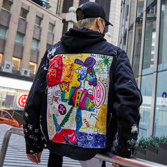 Men's Painted Back Abstract Art Portrait Print Loose Jean Jacket