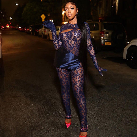 Lace Satin Sheer Transparent Hollow-Out Skinny O-Neck Long Sleeve Women's Bodycon Jumpsuit