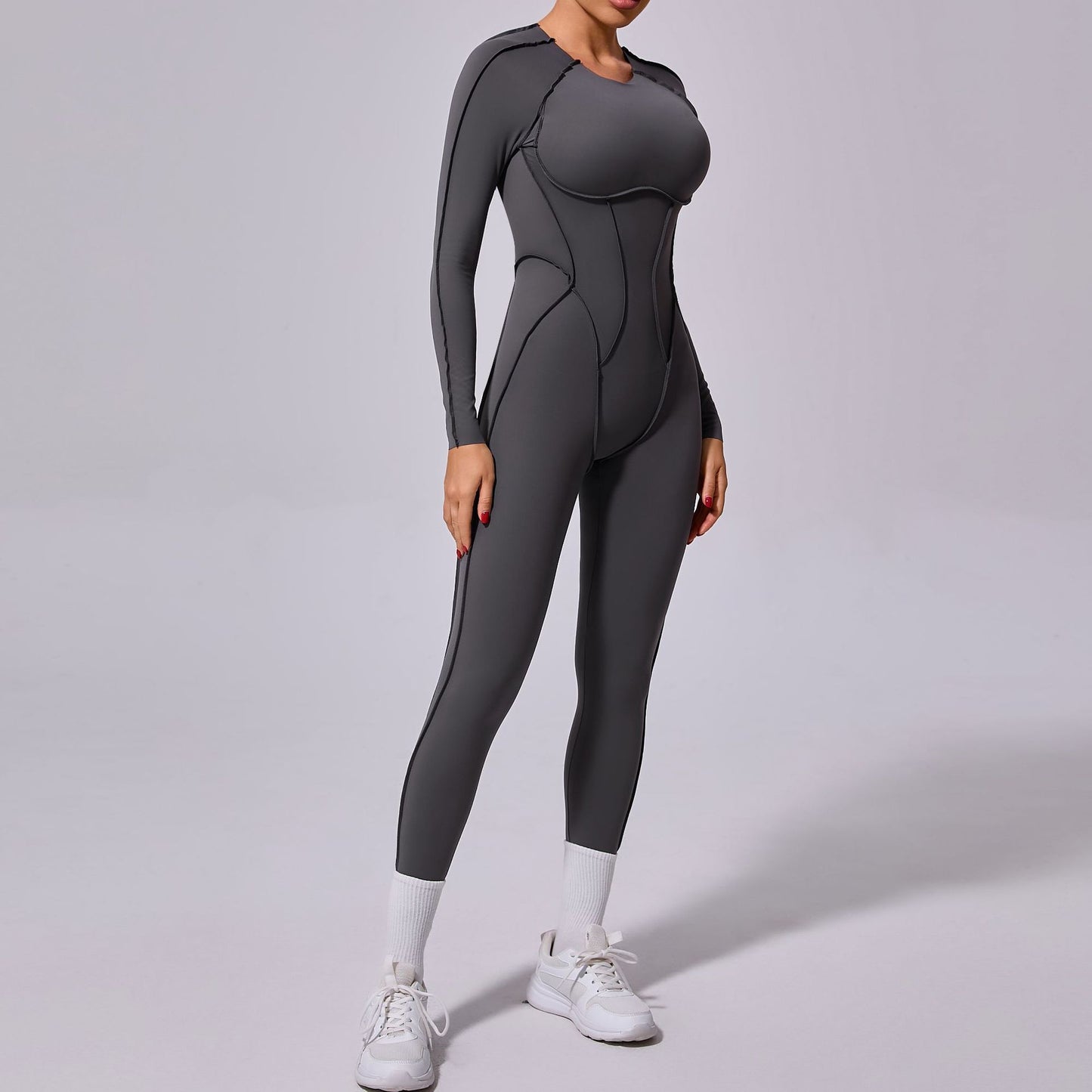 Backless Hollow-Out Design Skin Tight Solid Color Long Sleeve Women's Fitness Jumpsuit