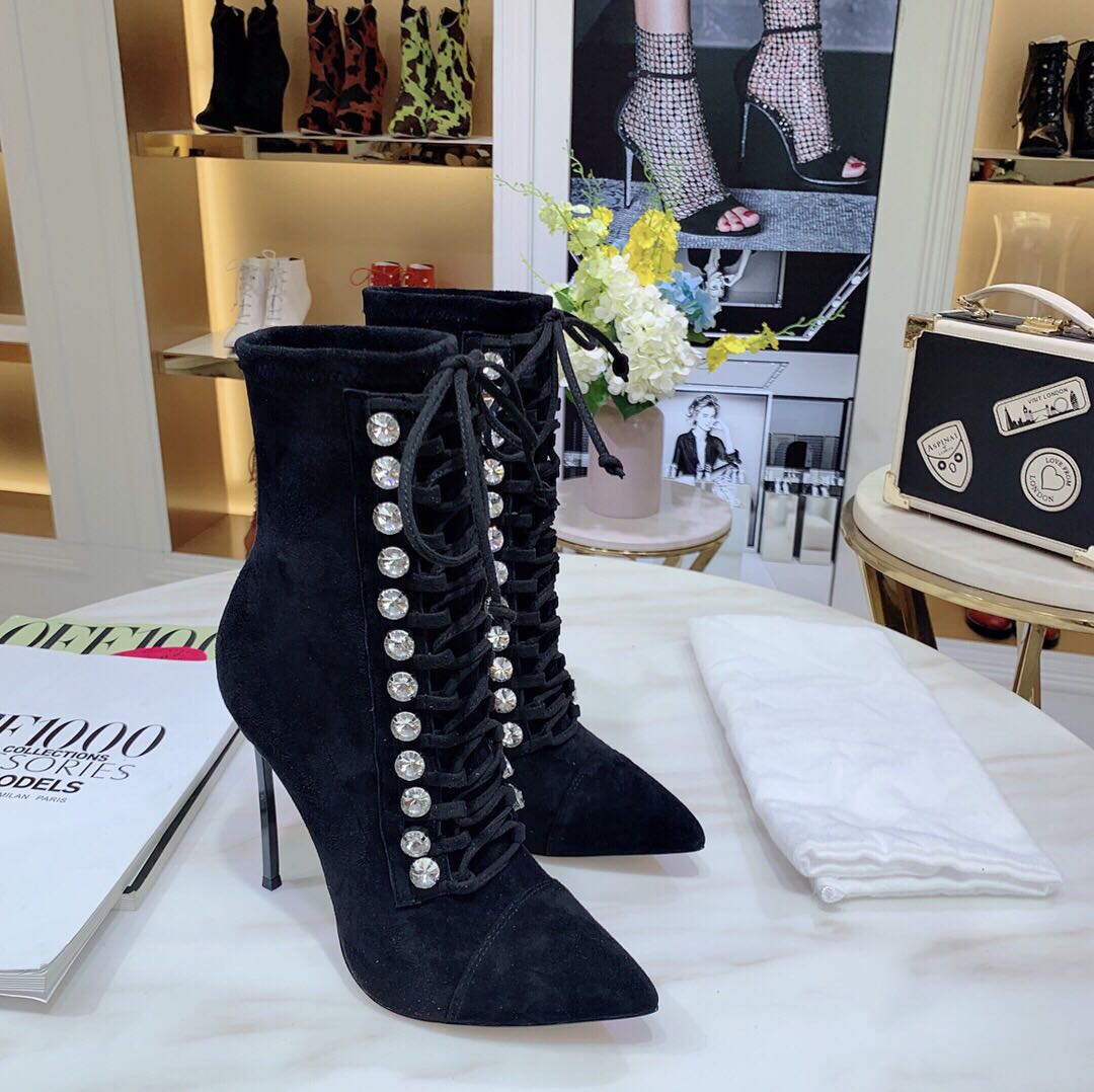 Rhinestone Design Lace-Up Thin Stiletto Heel Strap Drill Ankle Boots