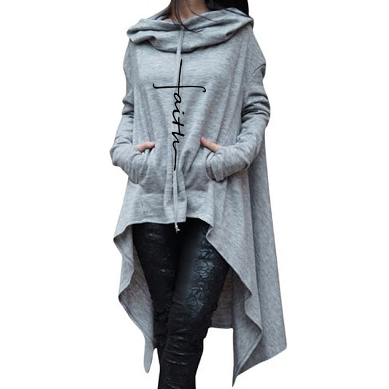 "Faith" Letter Print Women's Long Sleeve Embroidered Irregular Cloak Hoodie Maxi Sweater to 5X Plus Size