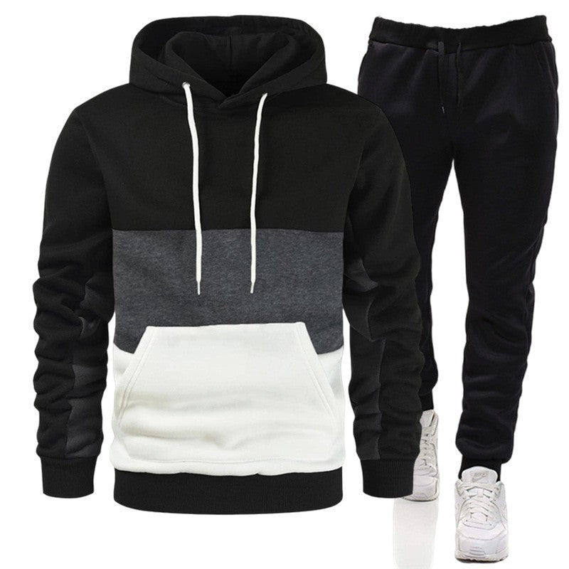 Men's Colorblock Striped Drawstring Hoodie Sweatshirt + Solid Color Jogger Sweatpants Tracksuit to 3X Big & Tall