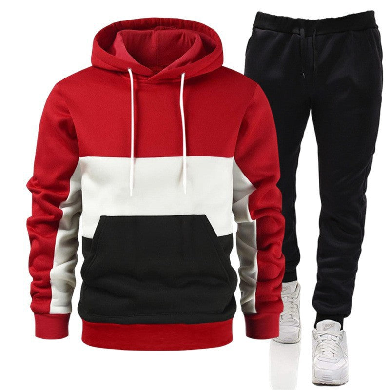 Men's Colorblock Striped Drawstring Hoodie Sweatshirt + Solid Color Jogger Sweatpants Tracksuit to 3X Big & Tall