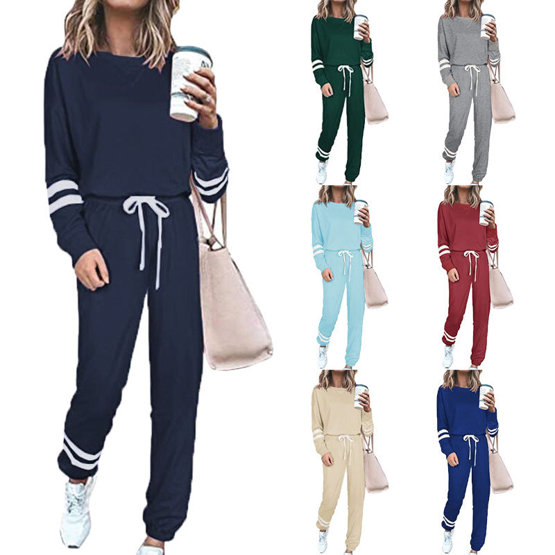 Side Striped Long Sleeve Women's Sport Top + Drawstring Sweatpants Tracksuit to 3X Plus Size