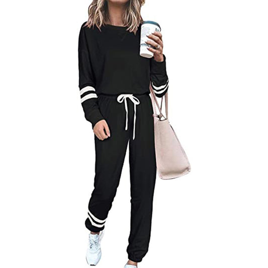 Side Striped Long Sleeve Women's Sport Top + Drawstring Sweatpants Tracksuit to 3X Plus Size