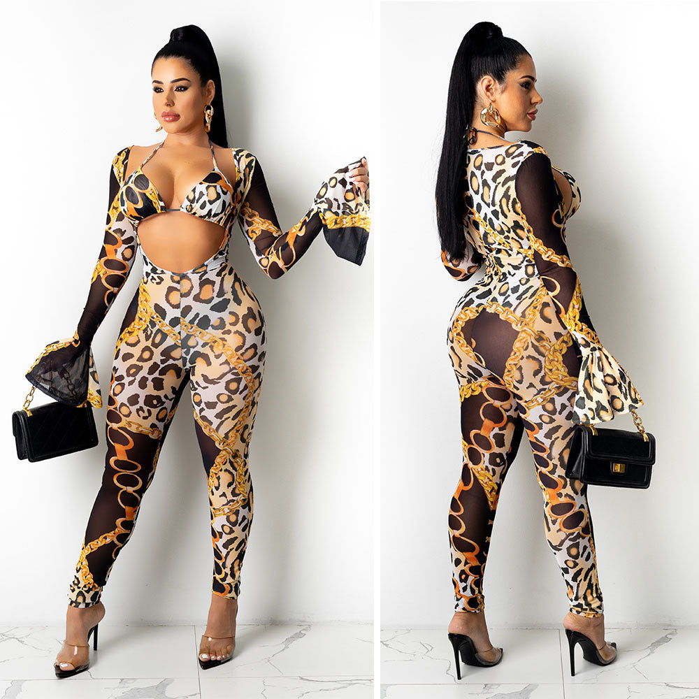Mesh Transparent Hollow-Out Leopard Chain Print Bikini Long Sleeve Crop Top + Leggings Women's 2-Piece Set