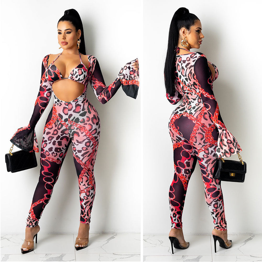 Mesh Transparent Hollow-Out Leopard Chain Print Bikini Long Sleeve Crop Top + Leggings Women's 2-Piece Set