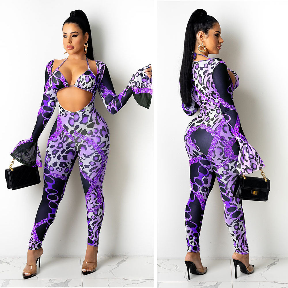Mesh Transparent Hollow-Out Leopard Chain Print Bikini Long Sleeve Crop Top + Leggings Women's 2-Piece Set