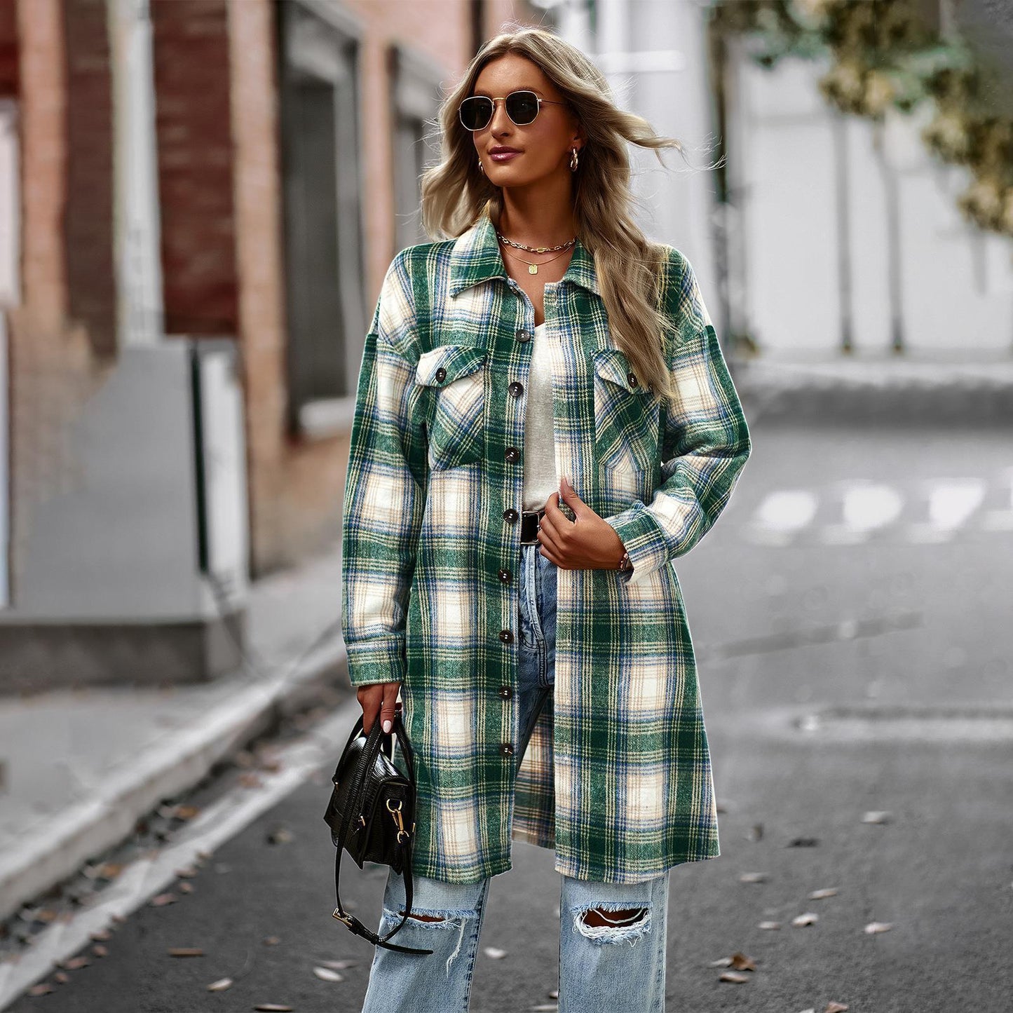 Plaid Print Turn-Down Collar Long Sleeve Women's Shacket
