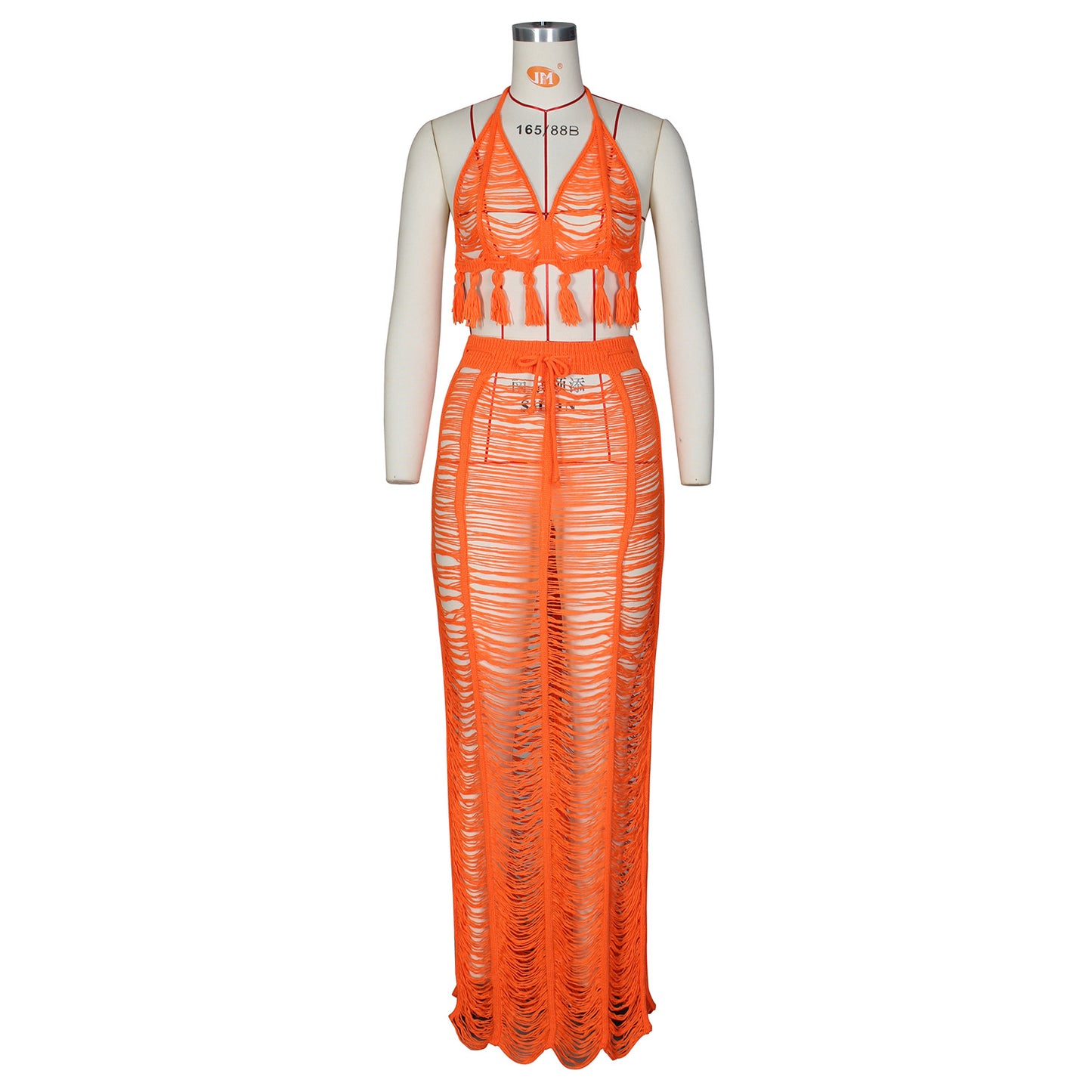 Transparent Hanging Tassel Knitted Bikini Top+ Sheer Fringe Maxi Beach Skirt Women's 2-Piece Set