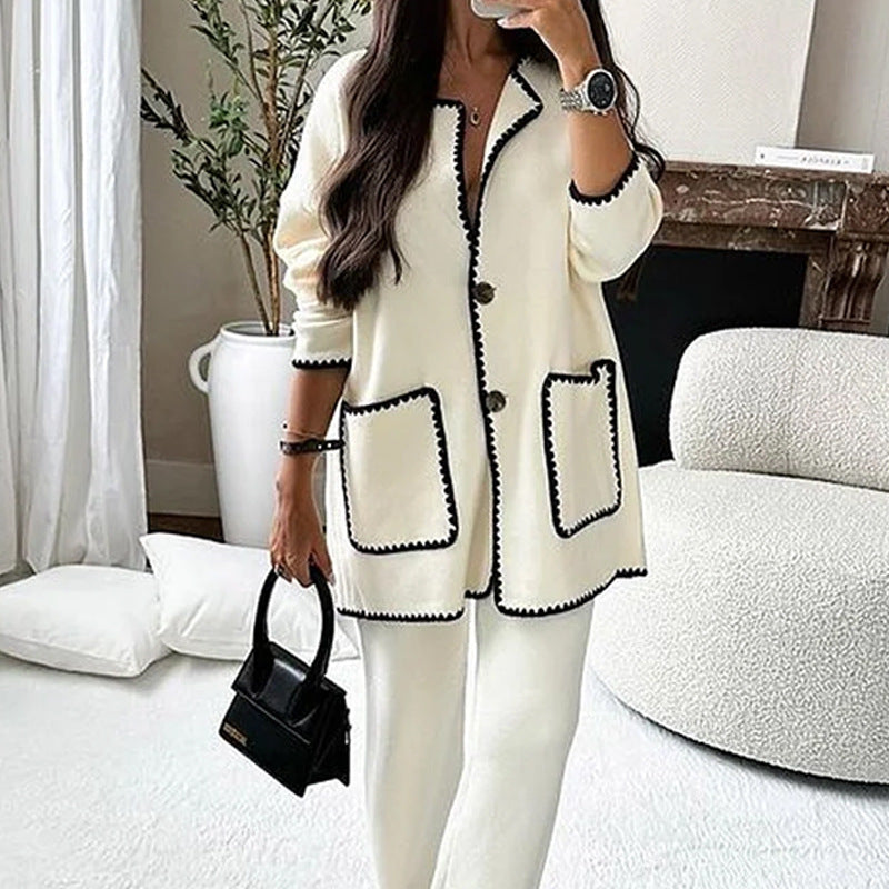 Oversized Colorblock Stitch Design Button-Up Pocketed Sweater Blazer + Pants Women's Knitted Suit