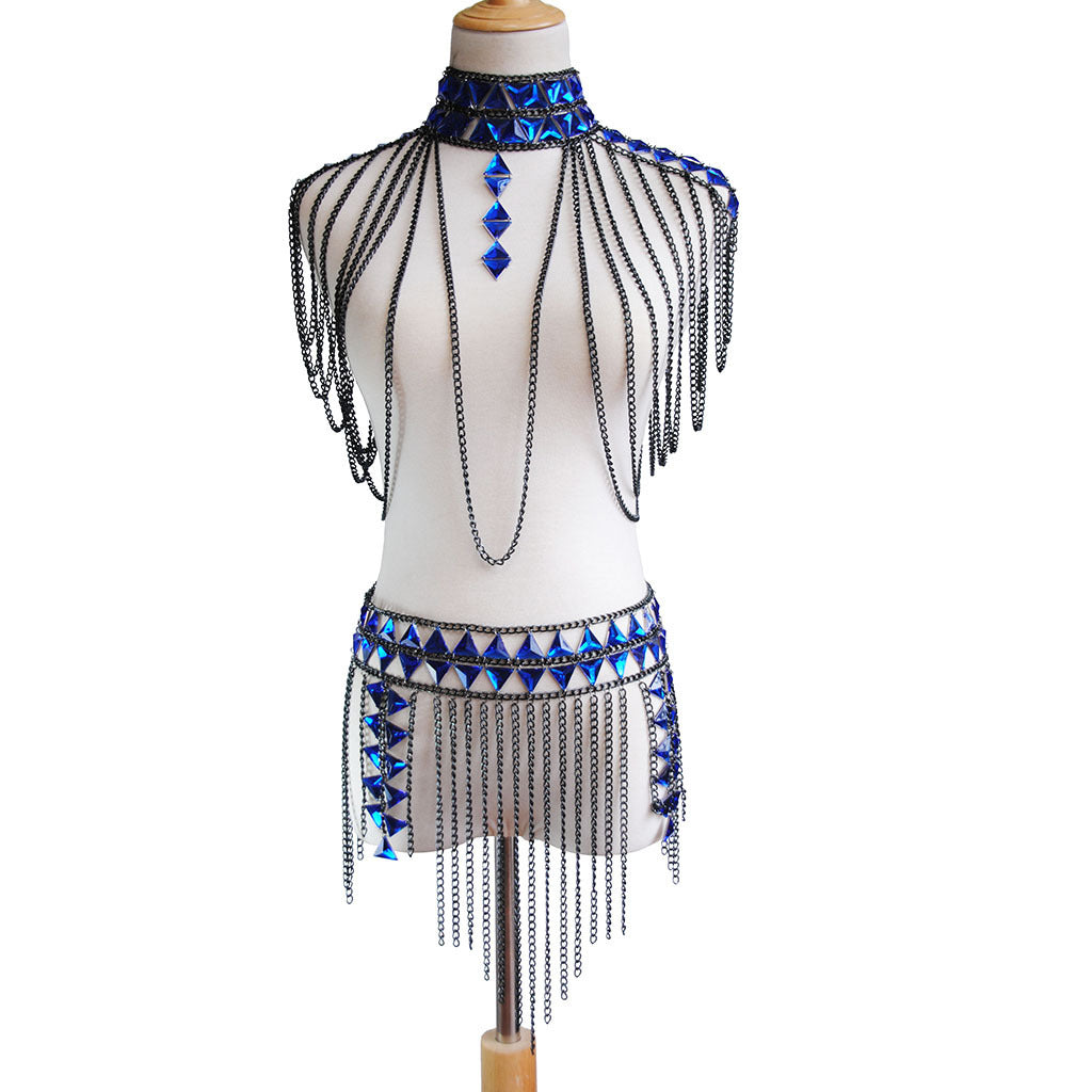 Blue Crystal Double Shoulder Body Multi-Layered Fringe Waist Chain Women's Jewelry Outfit 2-Piece Set