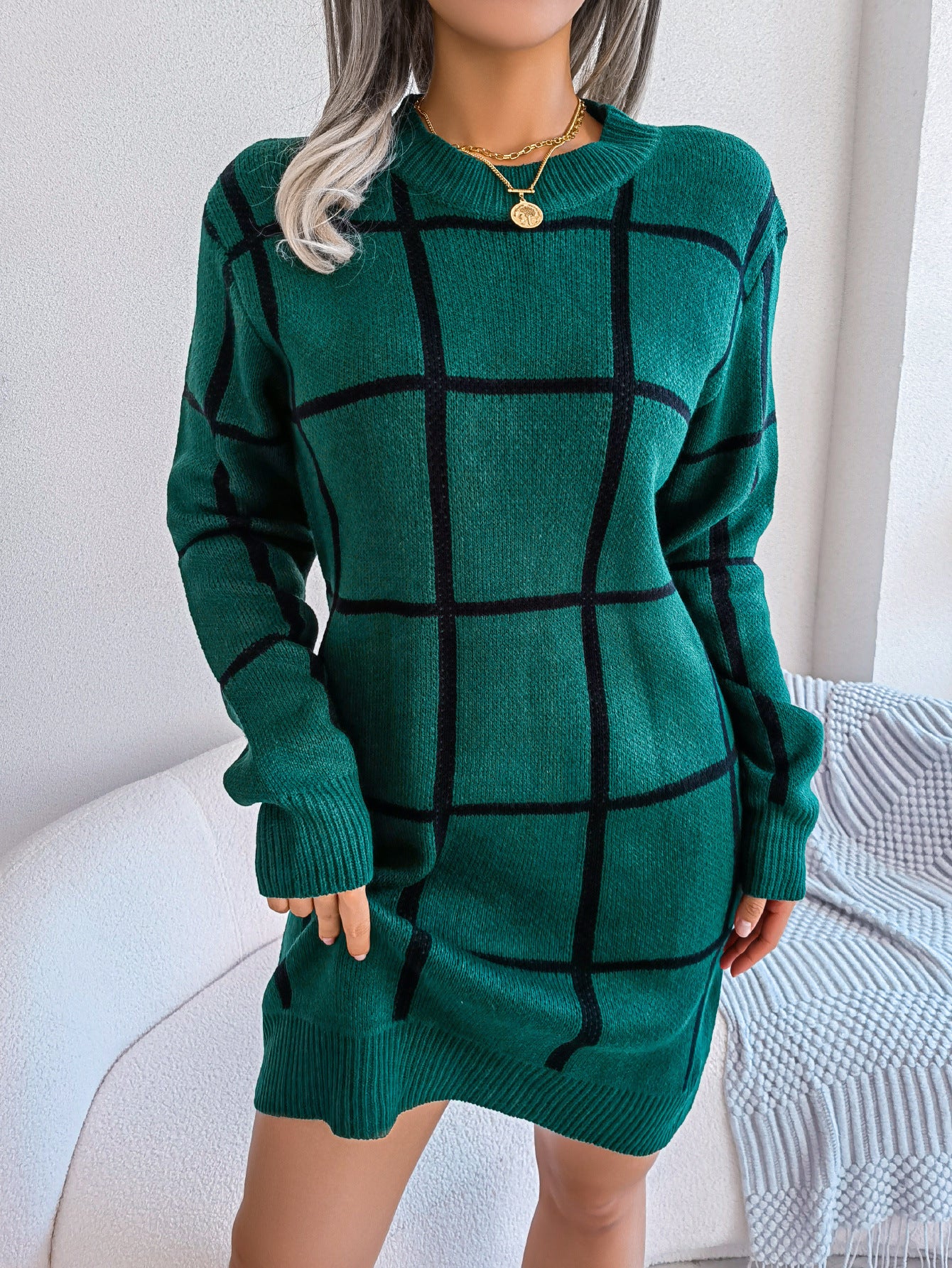 Colorblock Plaid Print Long Sleeve Base Mini Sweater Dress