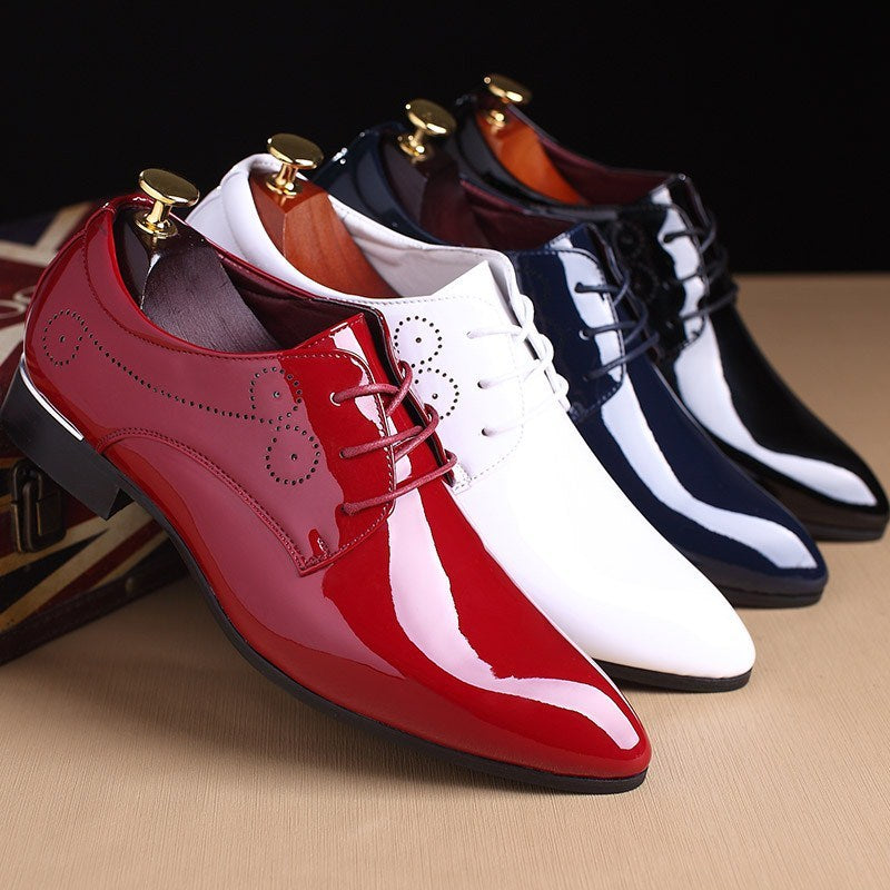 Men's Shiny Lace-Up Patent Leather Solid Color Pointed Toe Dress Shoes