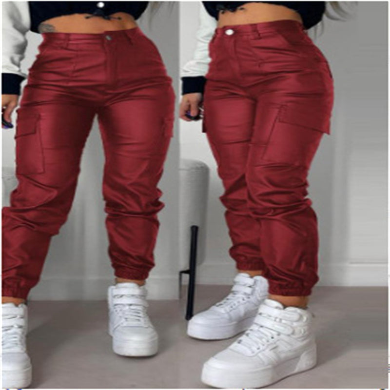 Solid Color PU Leather Ruched Women's Multi-Pocketed Patchwork Skinny Trouser Cargo Pants