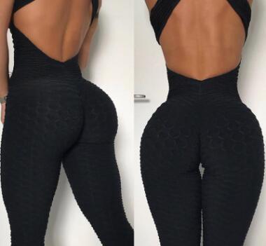 Texturized Criss-Cross Design Backless Ruched Fitness Workout Gym Jumpsuit