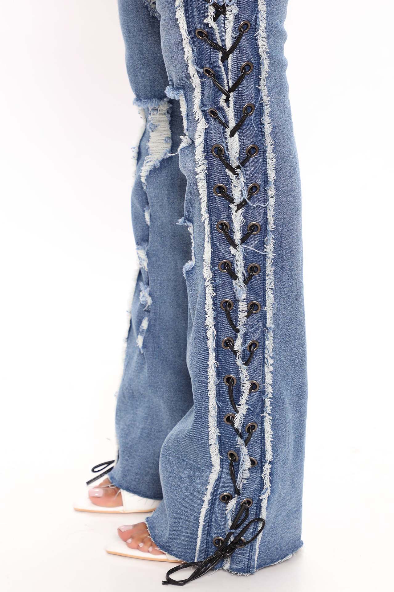 Ripped Faded Denim Lace-Up Design Women's Skinny Jeans to 3X Plus Size