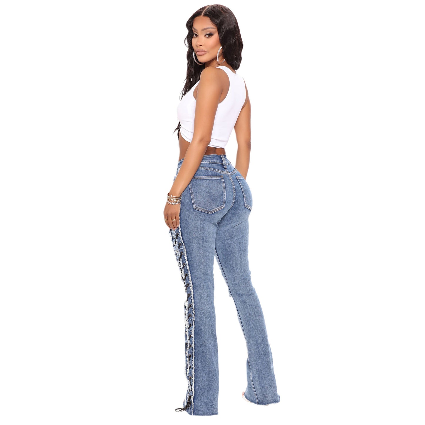 Ripped Faded Denim Lace-Up Design Women's Skinny Jeans to 3X Plus Size