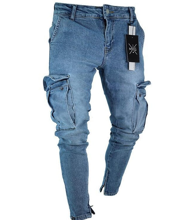 Men's Denim Ripped Hole Pattern Cargo Pocketed Skinny Jeans