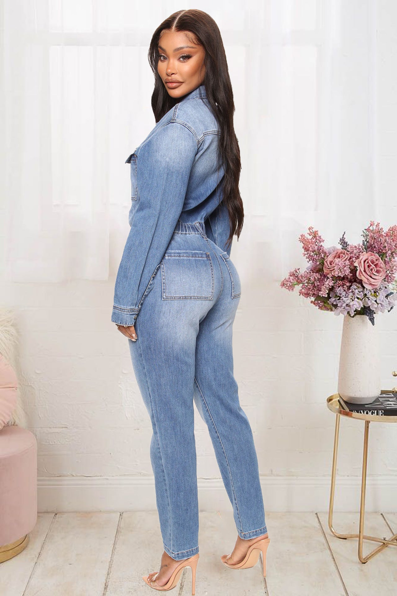 Denim Light Blue Gradient Faded Washed Button-Up Long Sleeve Elastic Waist Women's Jeans Jumpsuit