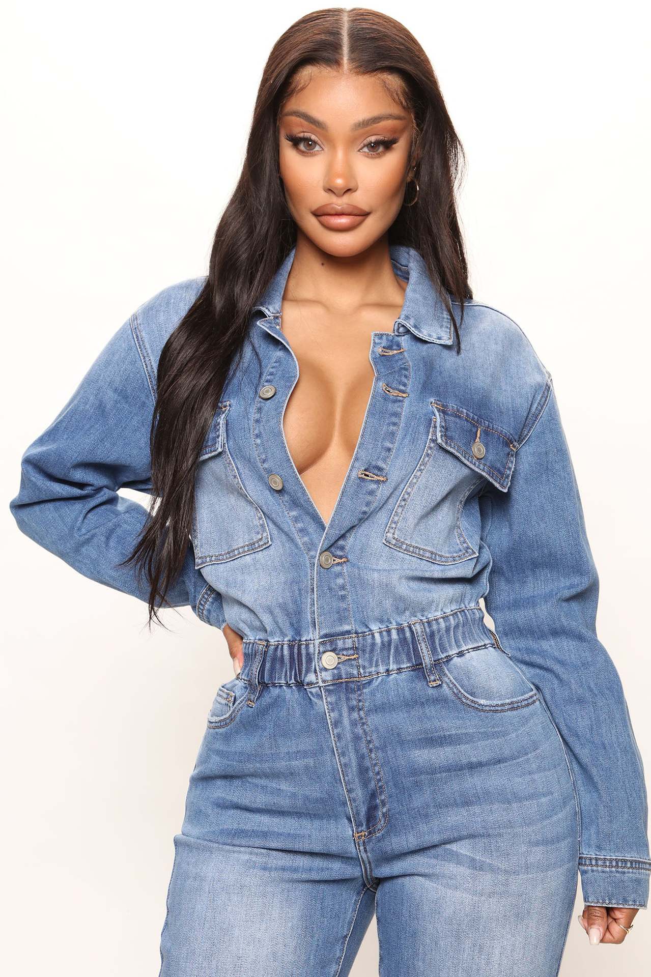 Denim Light Blue Gradient Faded Washed Button-Up Long Sleeve Elastic Waist Women's Jeans Jumpsuit