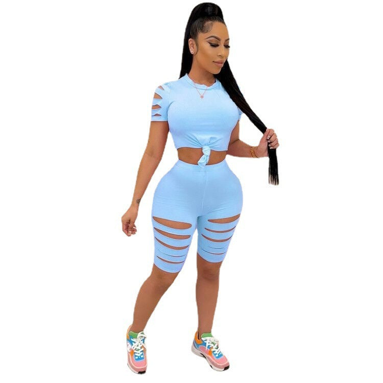 Solid Color Short Sleeve Crop Top + Ripped Biker Shorts 2-Piece Fitness Set