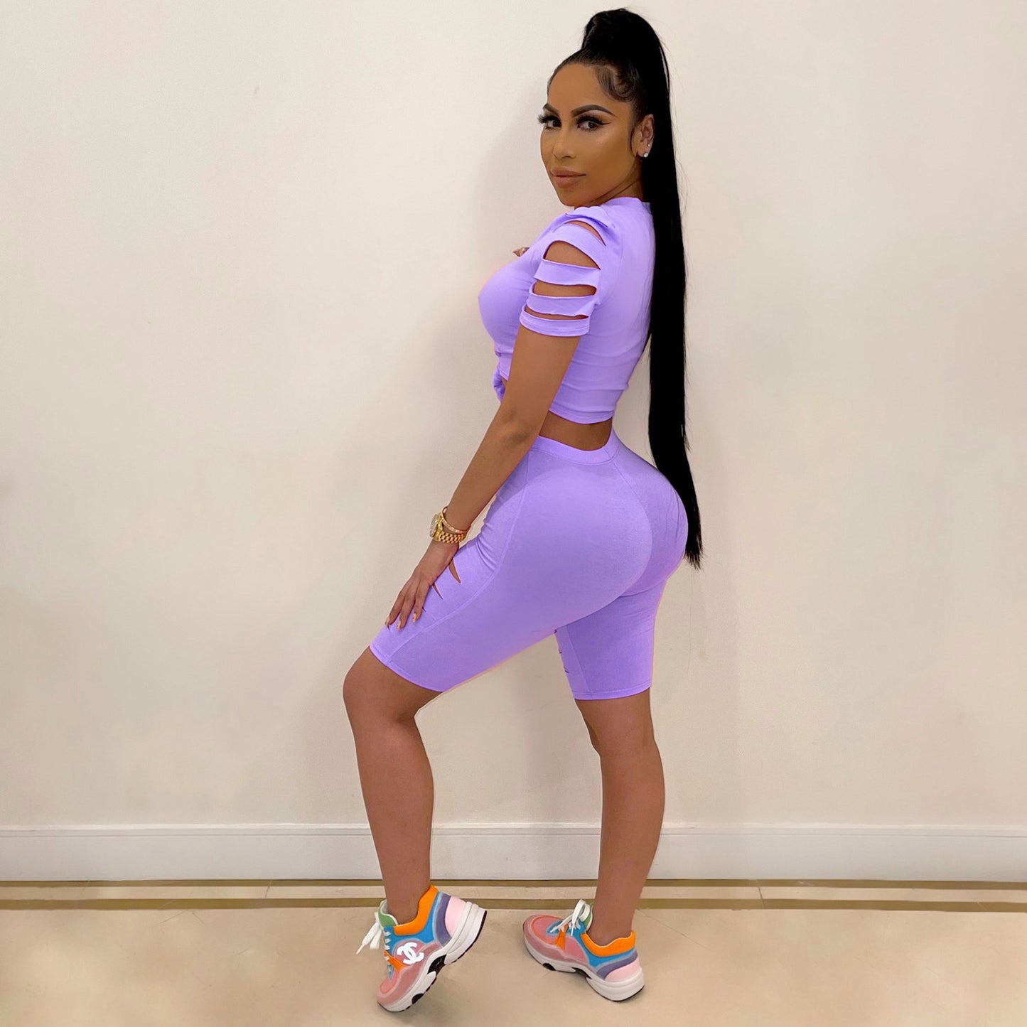 Solid Color Short Sleeve Crop Top + Ripped Biker Shorts 2-Piece Fitness Set