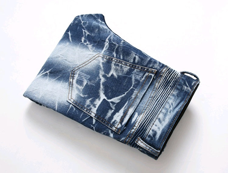 Men's Denim Gradient Washed Ribbed Ruched Ripped Zipper Pocket Skinny Jeans