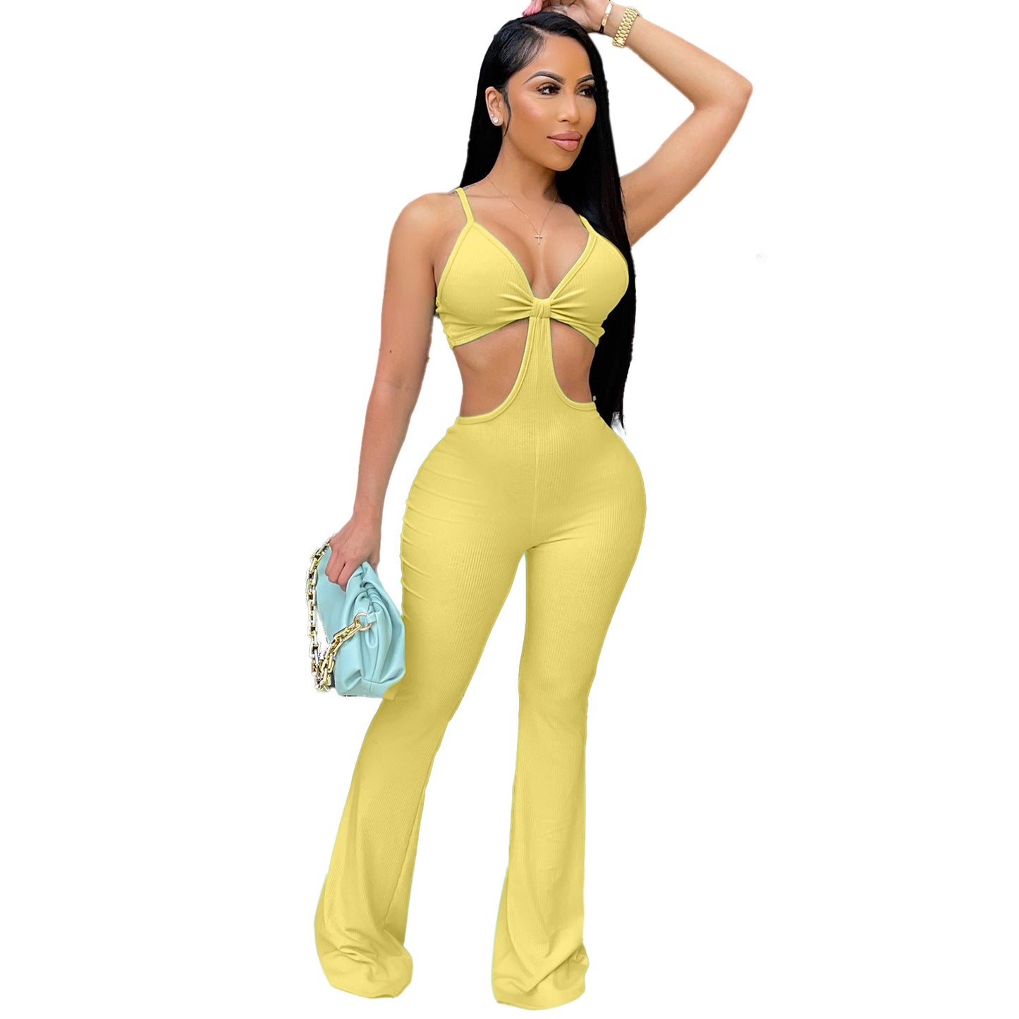 Sleeveless Hollow-Out Mesh Stretch Skinny BellBottom Jumpsuit