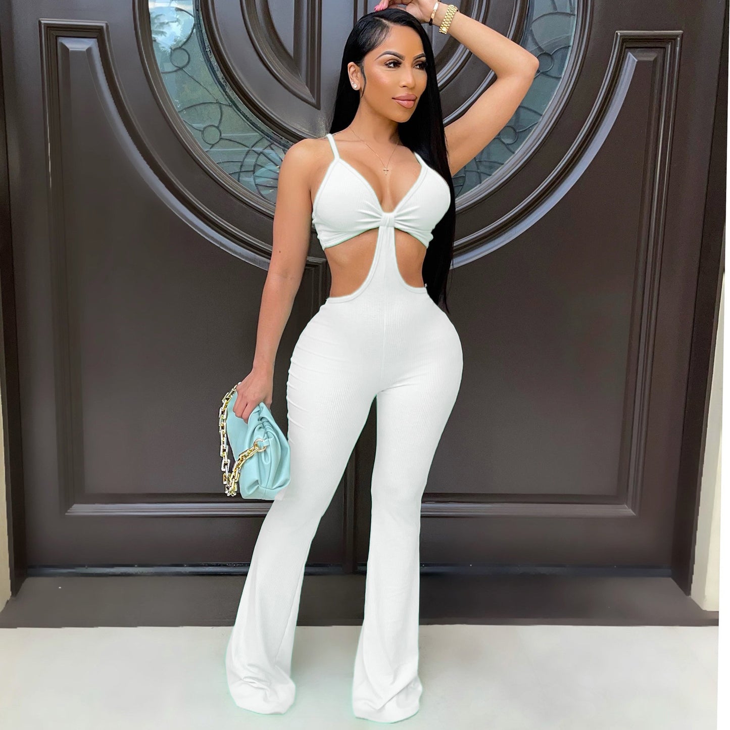 Sleeveless Hollow-Out Mesh Stretch Skinny BellBottom Jumpsuit
