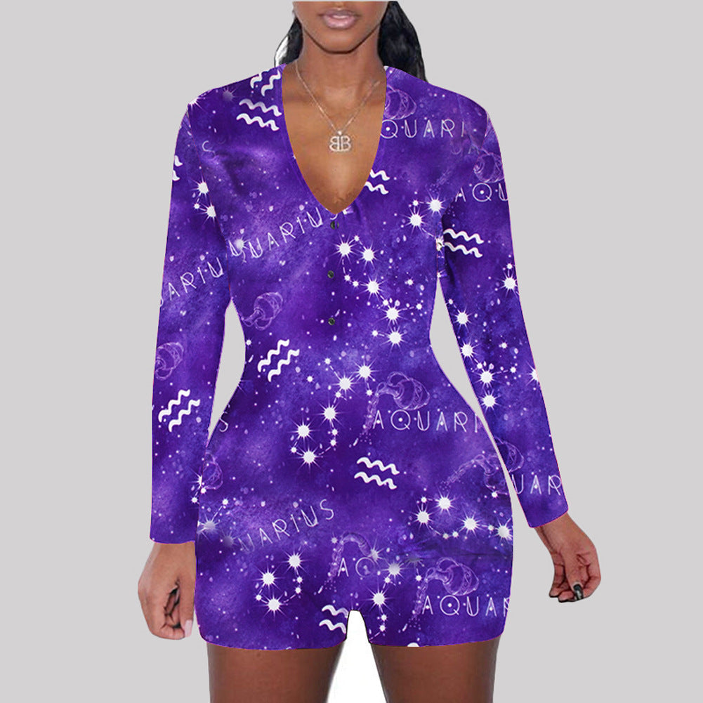Astronomy Print Long Sleeve V-Neck Bodycon Women's One Piece Shorts Romper