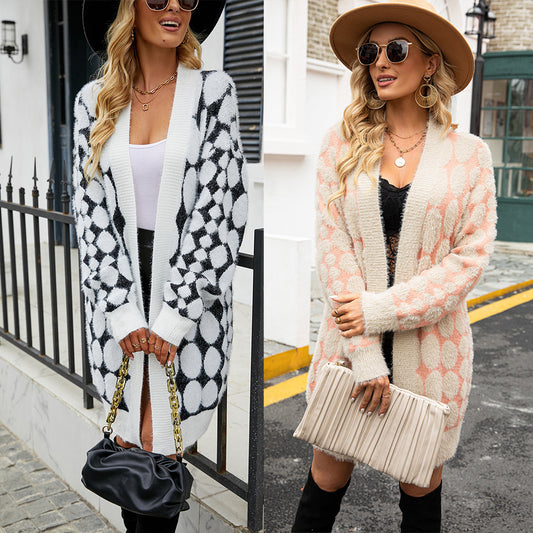 Faux Mink Geometric Colorblock Pattern Women's Oversized Open Knitted Cardigan Maxi Sweater