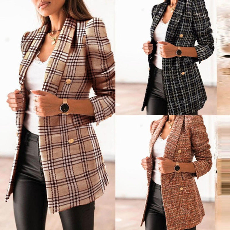 Plaid Print Gold Button Detail 3/4 Length Long Sleeve Double Breasted Women's Blazer Jacket to 3X Plus Size