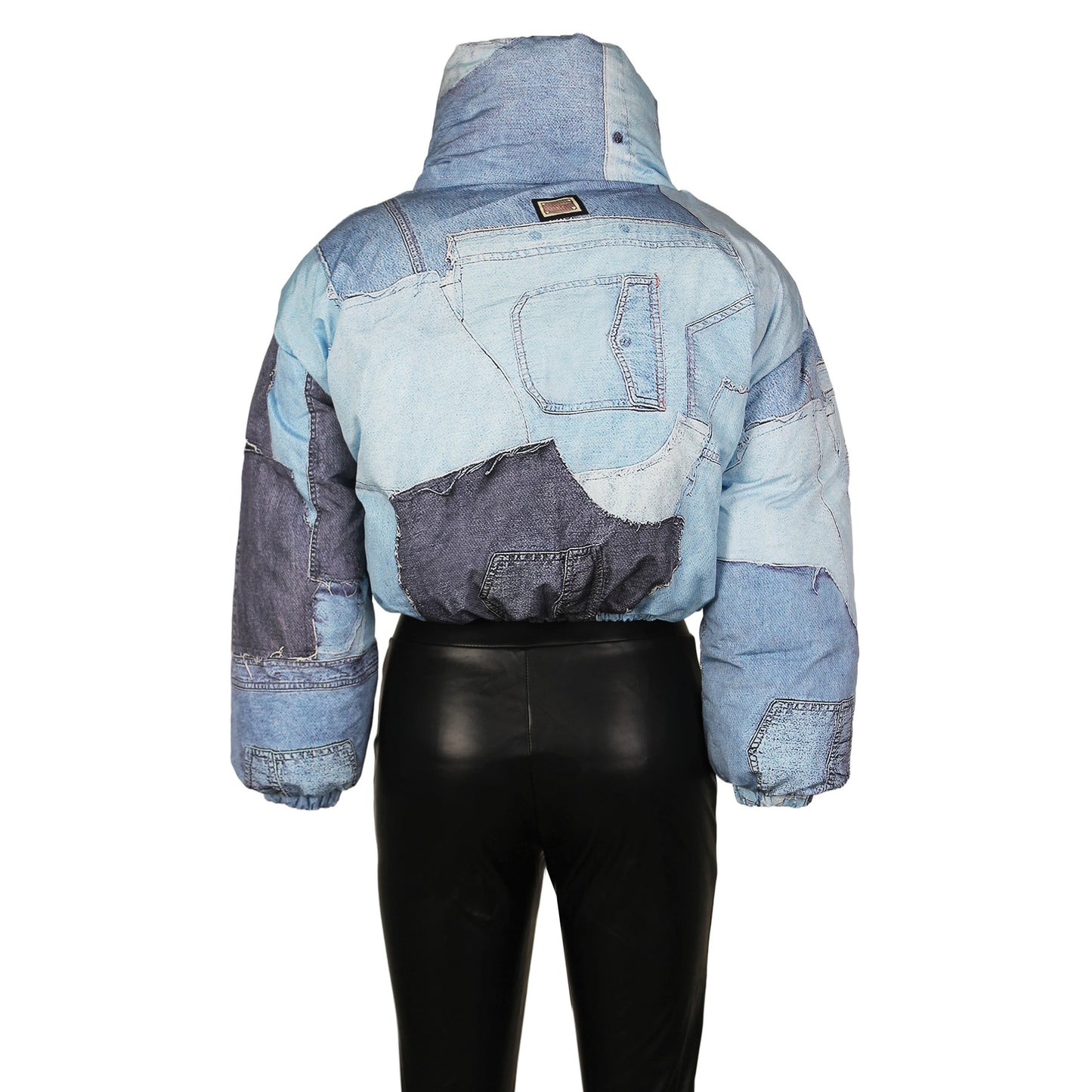 Denim-On-Denim 3D Mock Jean Colorblock Print Cotton Hip-Hop Streetwear Women's  Zipper Puffer Jacket